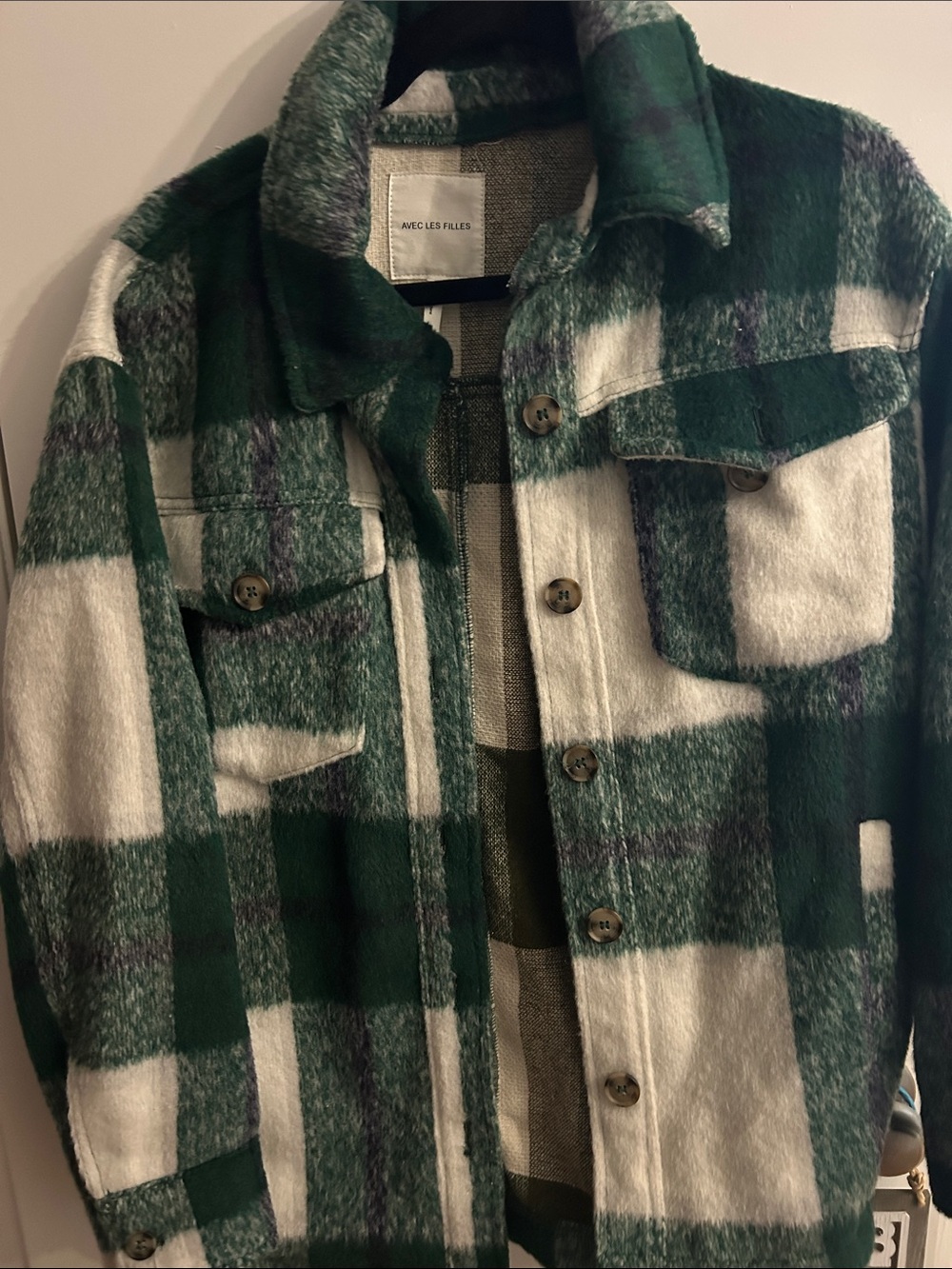 Avec Les Filles Green and White Plaid Shirt Jacket